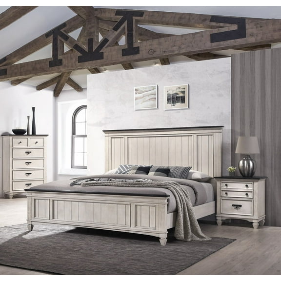 Rustic Cottage Style 3pc King Size Panel Bed Chest Nightstand Set Beige Finish Bedroom Furniture