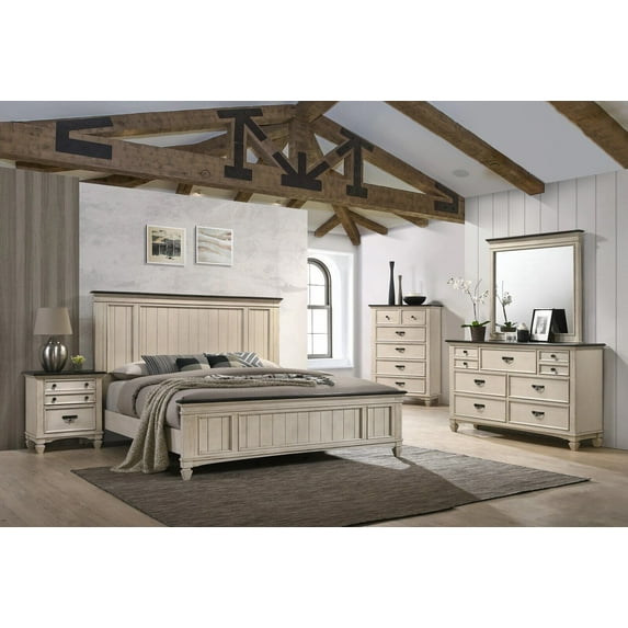 Rustic Cottage Style 6pc King Bed Set Beige Finish Solid Wood Furniture All Age Group Esofastore