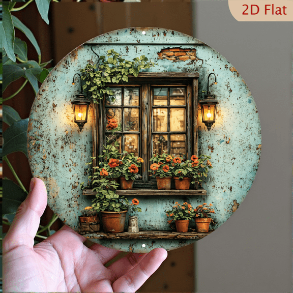 Rustic Cottage Window Wall Art, 8x8 Inch Round Aluminum Metal Sign with Floral Decor for Home and Garden Wall Decoration
