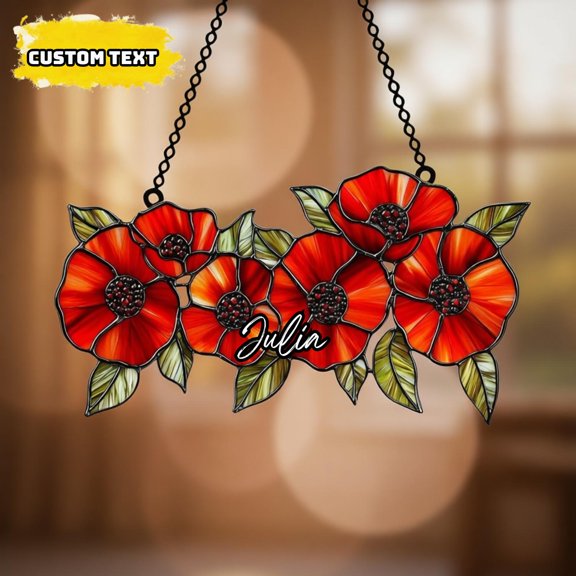 Rustic Cottagecore Poppy Flower Floral Acrylic Suncatcher Window Hanging August Birthflower Gift For Mom