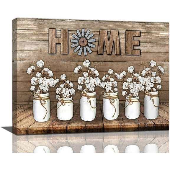 Rustic Cotton Flower Wall Art Farmhouse Floral Kitchen Pictures Wall Decor Country White Flower Canvas Prints Artwork Painting Home Decoration for Kitchen Bedroom Framed 12"x16"