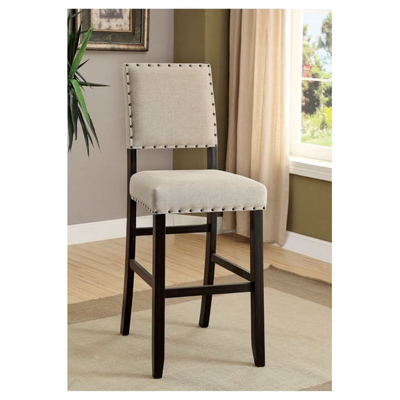 Rustic Counter Height Bar Stools 2pcs - Linen Like Fabric Kitchen Chairs - Nailhead Trim - Antique Black - Farmhouse Style Wood