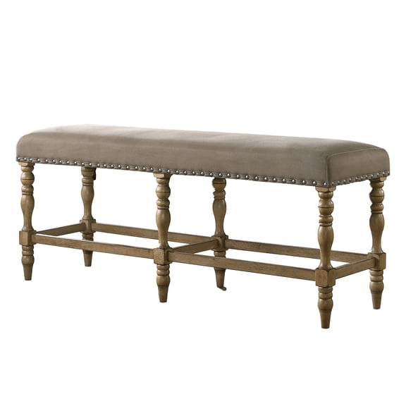 Rustic Counter Height Bench with Microfiber Upholstered Seat and Nailhead Trim for Kitchen Island, 60 Inch Wood Dining Bench in Driftwood Finish