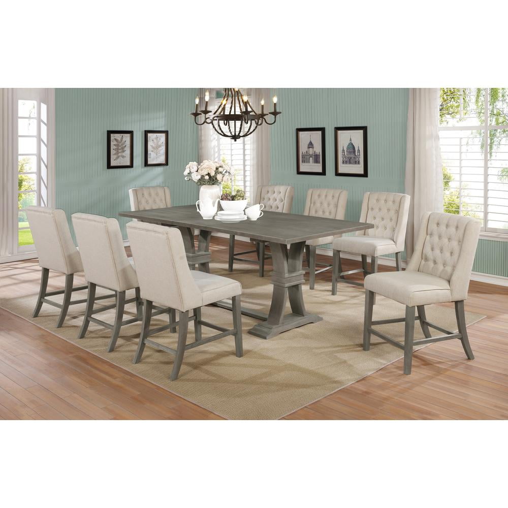 Rustic Gray Wood 9-Piece Extendable Dining Set with Beige Linen Chairs