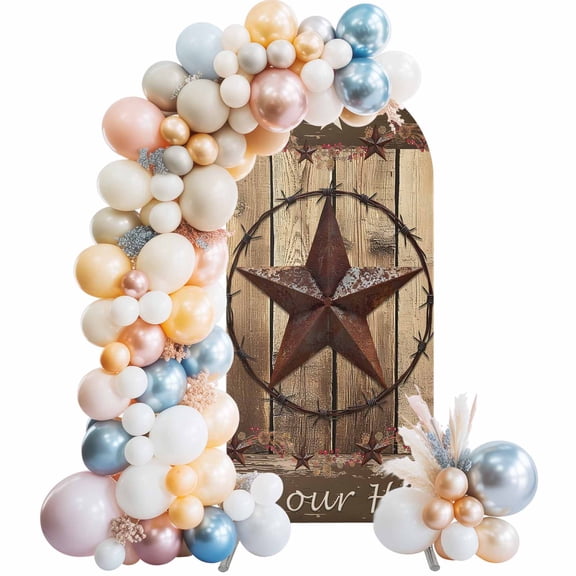 Rustic Country Arch Backdrop Cover, Spandex Fitted Wedding Arch Cover, Western Stars Brown Texture Wooden Print Round Top Stand Covers for Birthday Ceremony Bridal Shower Party Decor 4x1.65 Ft
