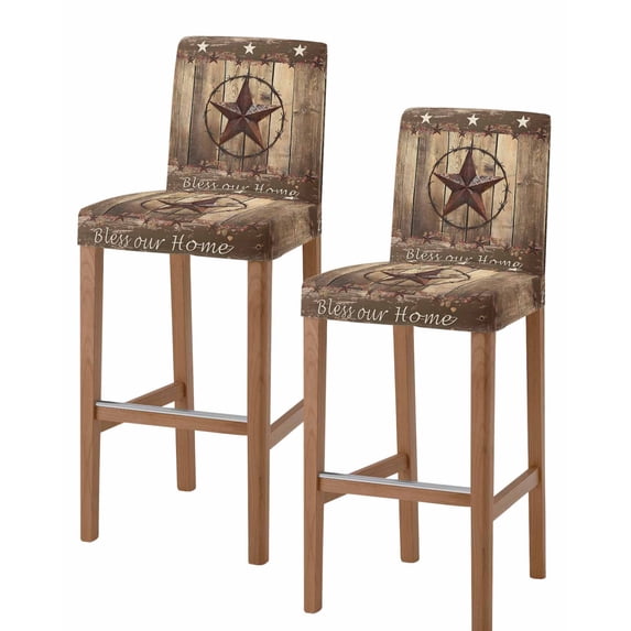 Rustic Country Bar Stool Covers Set of 2, Western Stars Brown Texture Wooden Print Stretch Washable Bar Chair Covers with Backs, Removable Pub Counter Height Chair Cover for Kitchen Dining Room Cafe