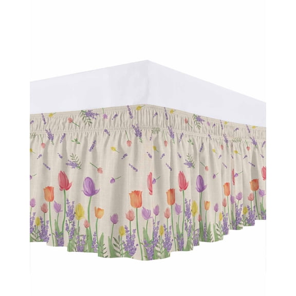 Rustic Country Bed Skirt Queen Size 18" Drop Style Flowers Tuilp Lavender Retro Linen Ruffled Wrap Around Bed Skirts Adjustable Elastic Bedskirt Dust Ruffle for Queen Size Bed