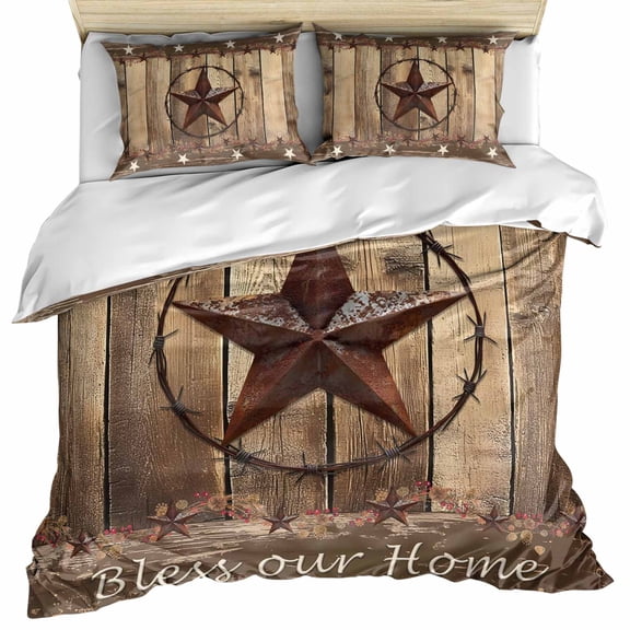 Rustic Country Bedding 3 Piece Duvet Cover Set California King, Western Stars Brown Texture Wooden Print Soft Microfiber Comforter Cover with Zipper Closure & Pillowcases, FadeResistant Quilt Cover