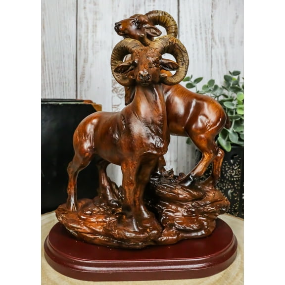 Rustic Country Bighorn Sheep Ram Family On Rock Faux Mahogany Wood Figurine