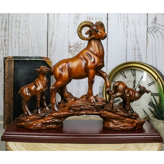 Rustic Country Bighorn Sheep Ram With Lambs On Rock Faux Mahogany Wood Figurine