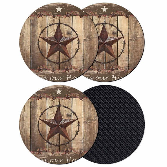 Rustic Country Coasters Set of 4, Soft Absorbent Coasters for Drinks, Western Stars Brown Texture Wooden Print Non-Slip Cup Coaster Mat with Rubber Bottom for Home Kitchen Coffee Bar Table Decor 4"