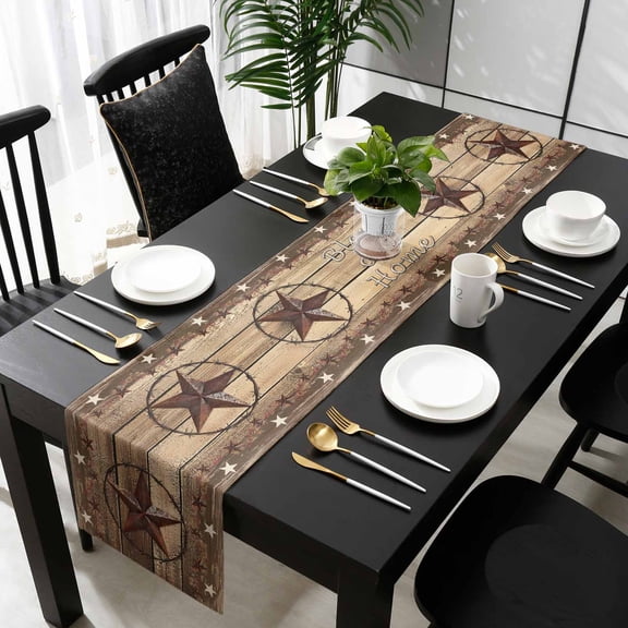 Rustic Country Cotton Linen Table Runner 16 x 72 inch Western Stars Brown Texture Wooden Print Non-slip Rectangular Dining Table Decor for Wedding Party Holiday Dinner