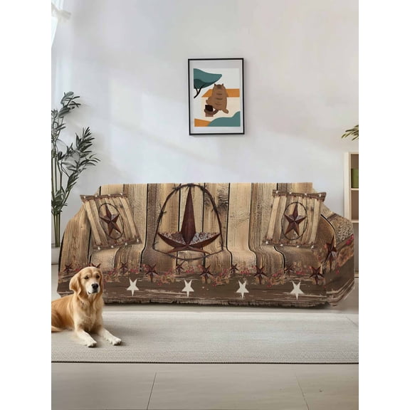 Rustic Country Couch Cover Sofa Covers 3 Cushion Sectional Couch, Western Stars Brown Texture Wooden Print Washable Sofa Covers Slipcover Sectional Sofa Cover, Furniture Protector 71"x150"