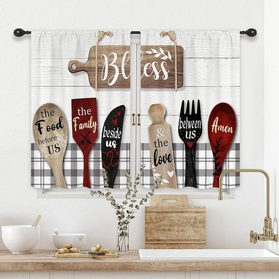 Rustic Country Farmhouse Kitchen Curtains Short Small Wooden Board Fork Spoon Rod Pocket Burgundy Black White Funny Quotes Bedroom Living Room Treatment Fabric 2 Panels 27.5Wx39H Inch