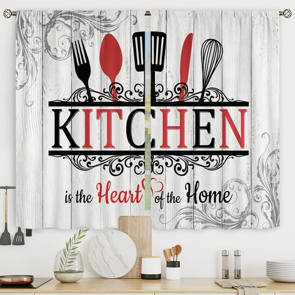 Rustic Country Farmhouse Kitchen Curtains Short Small Wooden Board Fork Spoon Rod Pocket Red Black White Funny Quotes Bedroom Living Room Treatment Fabric 2 Panels 27.5Wx39H Inch