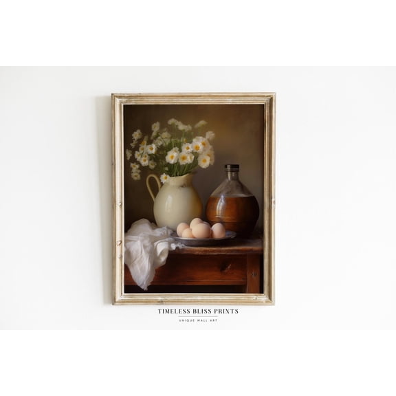 Rustic Country Farmhouse Print Kitchen Wall Decor Wood Cabinet Stillife White Flowers Egg Printable Farm Wall Art Poster Decor, Unframed Poster Size 8x12 F03.1.22l55