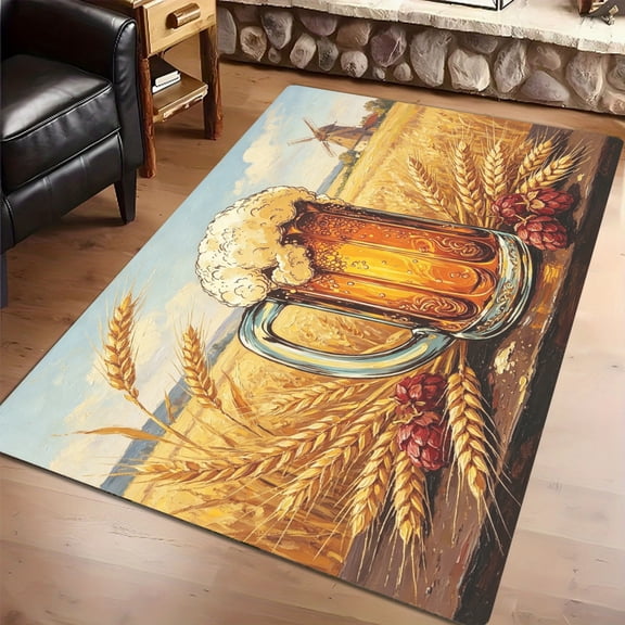 Rustic Country Golden Wheat Foamy Beer Mug Area Rug, Porch Living Room Holiday Party Floor Decor Mat, Thanksgiving Christmas Gift