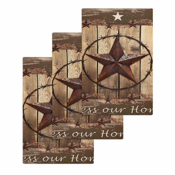 Rustic Country Hand Towels Set,Waffle Weave Kitchen Towels 3Pcs, Western Stars Brown Texture Wooden Print Microfiber Hair Face Bath Tea Towel Absorbent Quick Drying Cleaning Dish Cloths 15.7"x23.6"