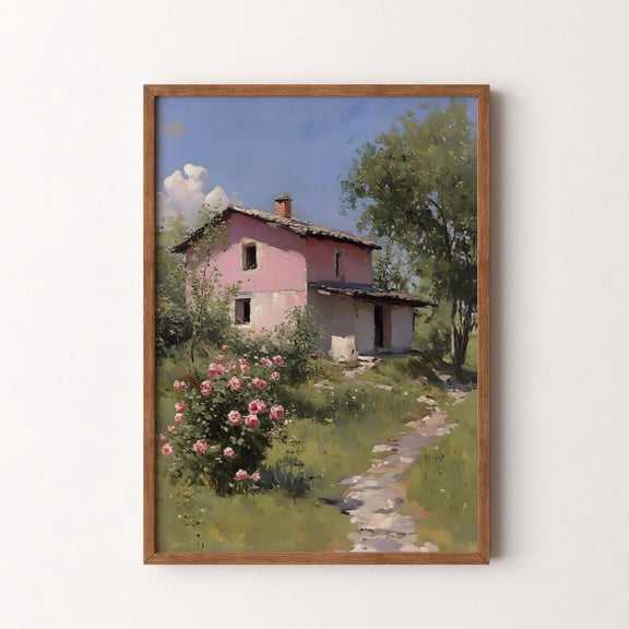 Rustic Country House Pink Cottage with Rose Garden, Unframed Paper Poster 8x10in