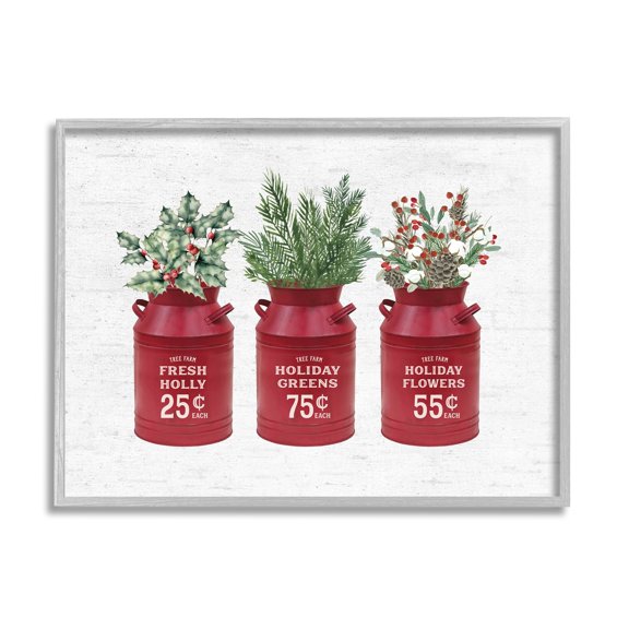 Rustic Country Jugs Festive Holiday Holly Sprigs Botanical & Floral Graphic Art Framed Art Print Wall Art
