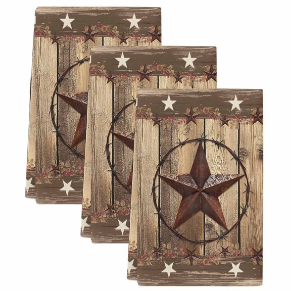 Rustic Country Kitchen Towels Set of 3, Absorbent Microfiber Dish Tea Towels with Hanging Loop, Western Stars Brown Texture Wooden Print Resuable Hand Towel for Home Kitchen Cooking Cleaning 18"x28"