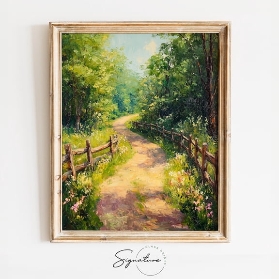Rustic Country Path Lined with Wooden Fences, Impressionist Landscape, Earthy Farmhouse Wall Art, Warm Country Road Poster 3690 Unframed Paper Print