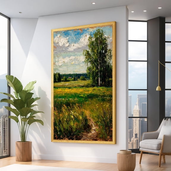 Rustic Country Pathway, Summer Meadow Wall Art, Landscape Nature, Green Field, Tree And Sky Decor, Farmhouse Style UNFRAMED Poster, Wall Art for Decor, Present, 16x24