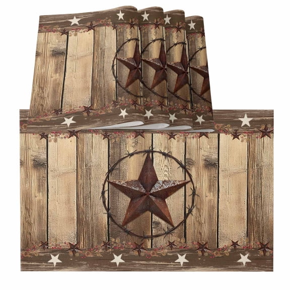 Rustic Country Placemats for Dinning Table Set of 4, Western Stars Brown Texture Wooden Print Burlap Kitchen Place Mats Waterproof Cloth Table Mats, Indoor Outdoor Placemats Easy Clean Dinner Decor