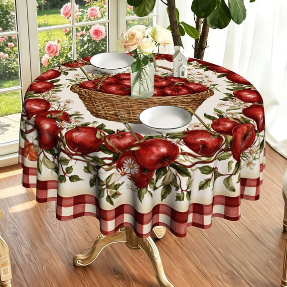 Rustic Country Red Apple Gingham Print Round Tablecloth, Backyard Patio Vacation Rental Holiday Dining Decor, Thanksgiving & Christmas Gift