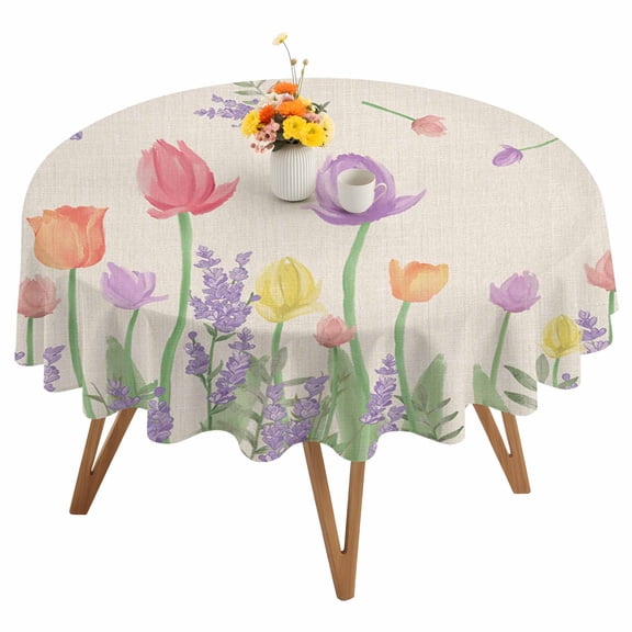 Rustic Country Round Tablecloth 54 inches Style Flowers Tuilp Lavender Retro Linen Waterproof Oil-Proof Table Cloth Round Table Cover for Holiday Party Picnic Dinner Decor Indoor and Outdoor Use