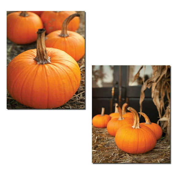 Rustic Country Seasonal Fall Pumpkins and Hay Set; Two 11x14in Poster Prints