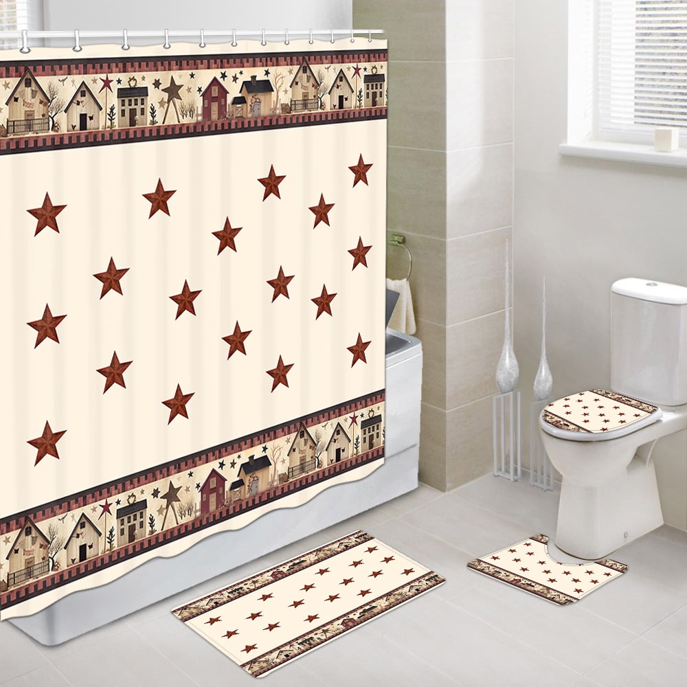 Rustic Country Shower Curtain Sets with Rugs 4 Piece,Primitive Barn ...