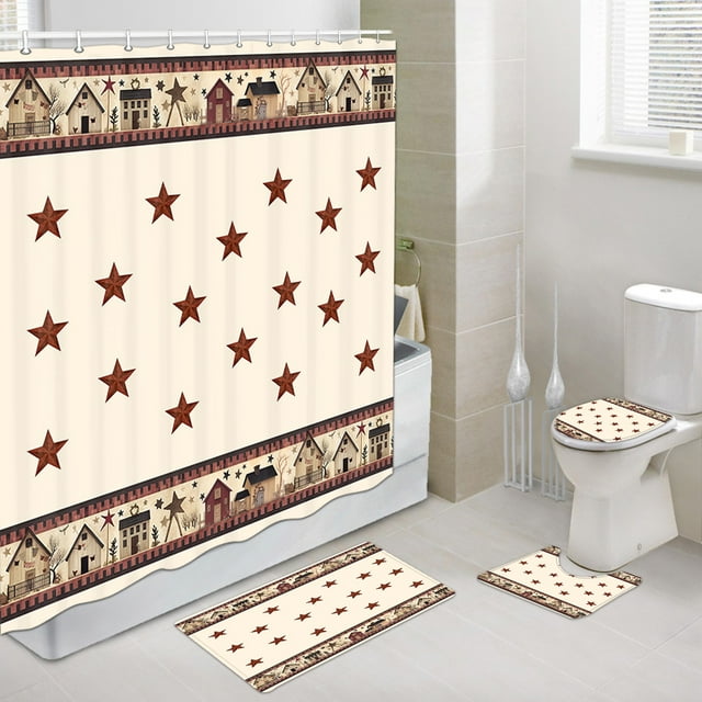 Rustic Country Shower Curtain Sets with Rugs 4 Piece,Primitive Barn ...