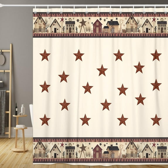 Rustic Country Shower Curtains, Primitive Barn Star Relax Bath Outhouse Christmas Farmhouse Shower Curtain for Bathroom Decor Polyester Fabric Bath Curtain and Hooks 70x70inches\u2026