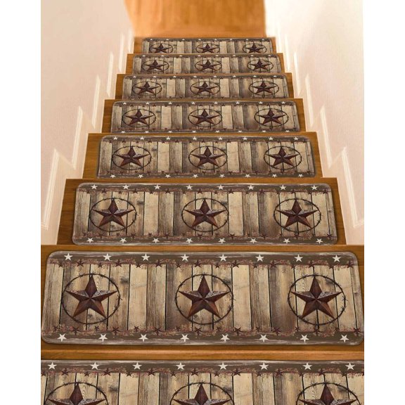 Rustic Country Stair Treads for Wooden Steps Indoor Runner Rug Carpet, Western Stars Brown Texture Wooden Print 7 Pieces Peel and Stick Staircase Step Treads Covers Washable Throw Door Mats, 30"x8"