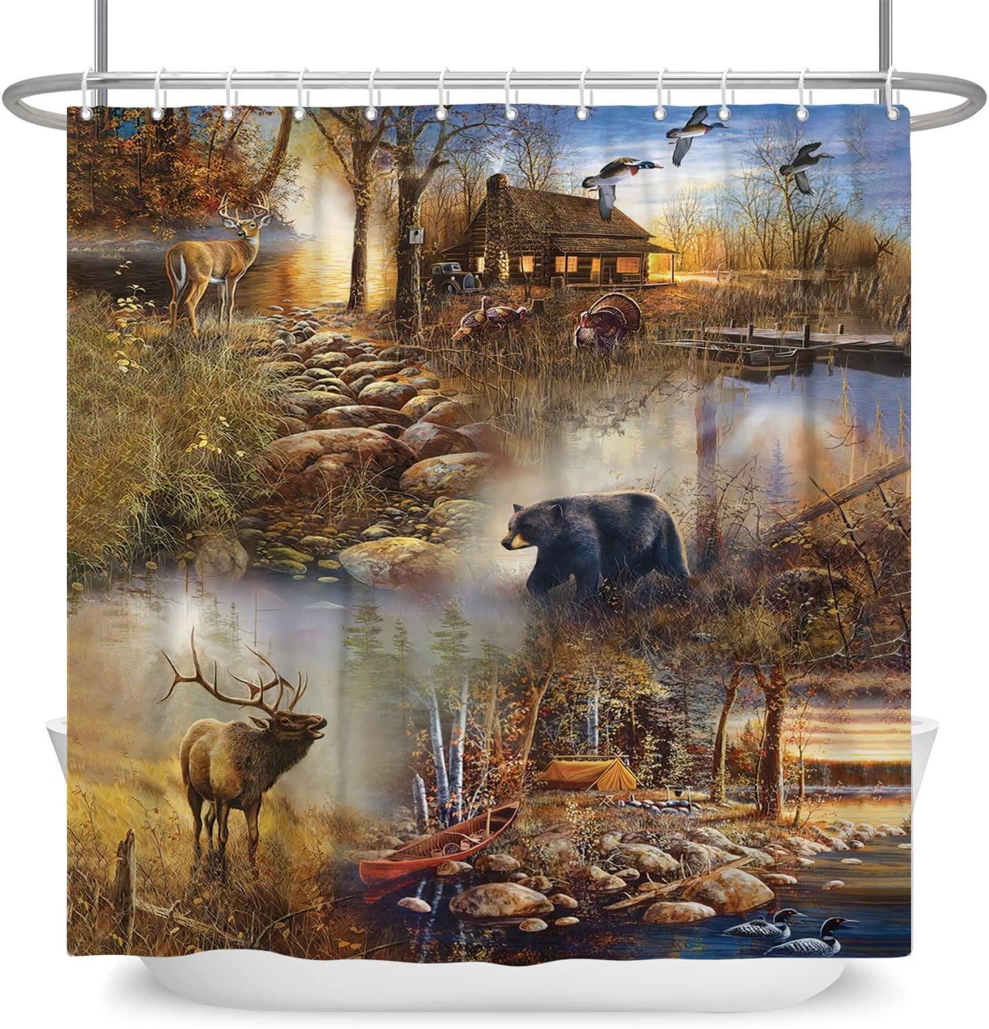 Rustic Country Style Wildlife Shower Curtain Black Bear Moose Deer in