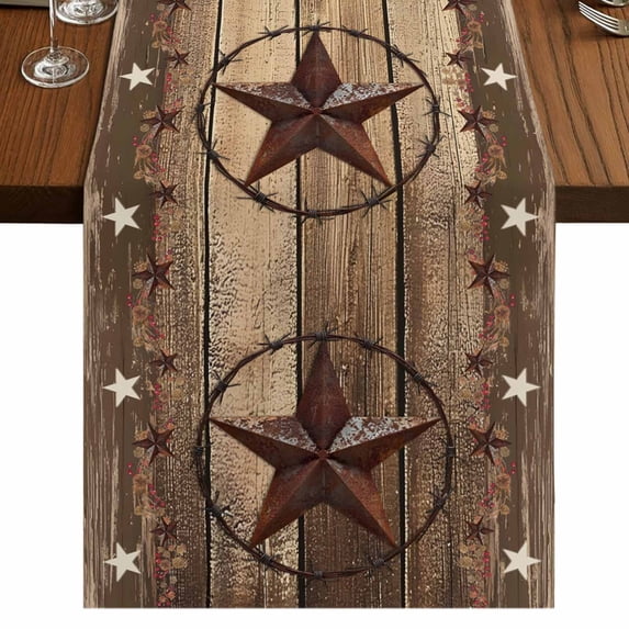 Rustic Country Table Runner 120 Inches Long,Western Stars Brown Texture Wooden Print Cotton Linen Table Runners Dresser Scarves,Tabletop Scarf Furniture Cover for Home Dinner Party Decor 13"x120"