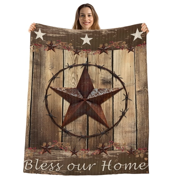 Rustic Country Throw Blanket, Flannel Fleece Blanket with Striped Design for Couch, Western Stars Brown Texture Wooden Print Soft Breathable All Season Plush Blankets for Sofa Office Chair 30"x40"