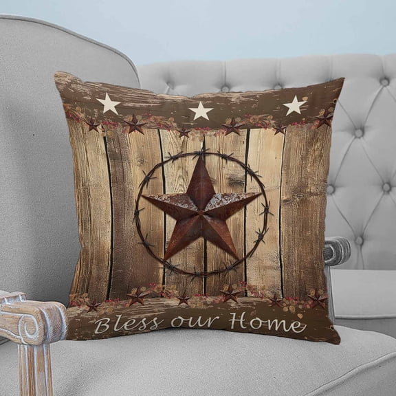 Rustic Country Throw Pillow Covers, Soft Pillowcases with Invisible Zipper, Western Stars Brown Texture Wooden Print Square Pillow Cushion Covers for Living Room Couch Sofa Bed 18x18 Inches