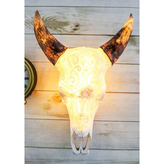 Rustic Country Tooled Filigree Steer Bull Cow Skull LED Light Wall Decor Plaque