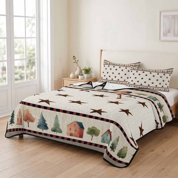 Rustic Country Towns Illustration 3 Pieces Quilt Set,1 Quilt with 2 Shams,Brown Stars Tree House Bedspread Soft Lightweight Bedding Coverlet Comforter Set for All Season 90"x96"