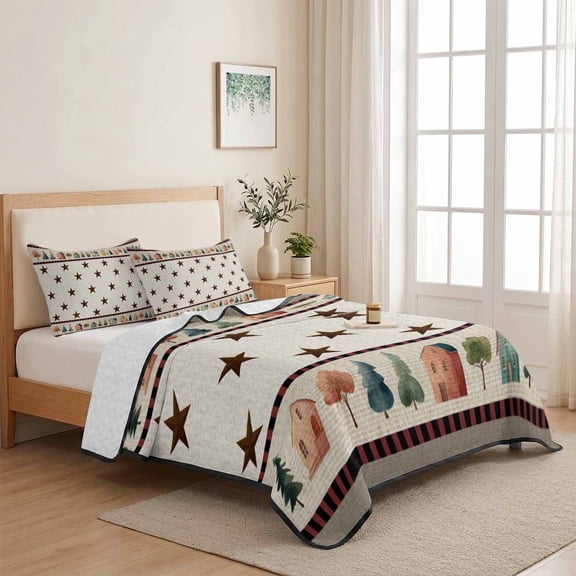 Rustic Country Towns Illustration 3 Pieces Quilt Set,1 Quilt with 2 Shams,Brown Stars Tree House Bedspread Soft Lightweight Bedding Coverlet Comforter Set for All Season 68"x98"