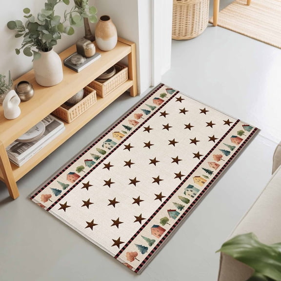 Rustic Country Towns Illustration Rectangle Rug 2'x3' Brown Stars Tree House Washable Area Rugs for Living Room Bedroom Entryway Non Slip Entrance Door Mat Indoor Floor Carpet