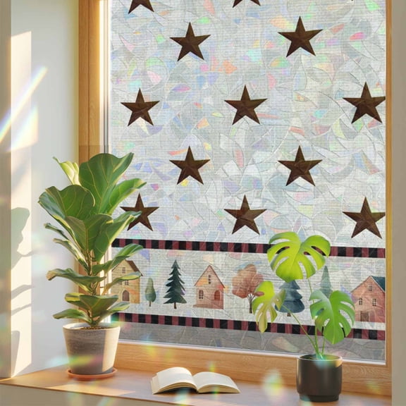 Rustic Country Towns Illustration Window Privacy Film, Rainbow Film Decorative Window Sticker 17.7x39.3in, Brown Stars Tree House Sun Blocking Static Stained Glass Cling Tint Non-Adhesive