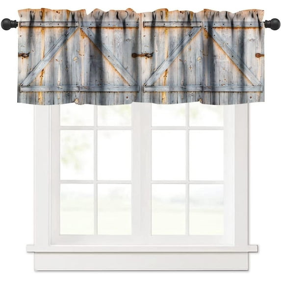 Rustic Country Valance Curtain Wooden Barn Doors Farm Farmhouse Rod Pocket Valance Window Treatments 1 Panel Short Curtains for Kitchen Bathroom Bedroom 54 x 18 in