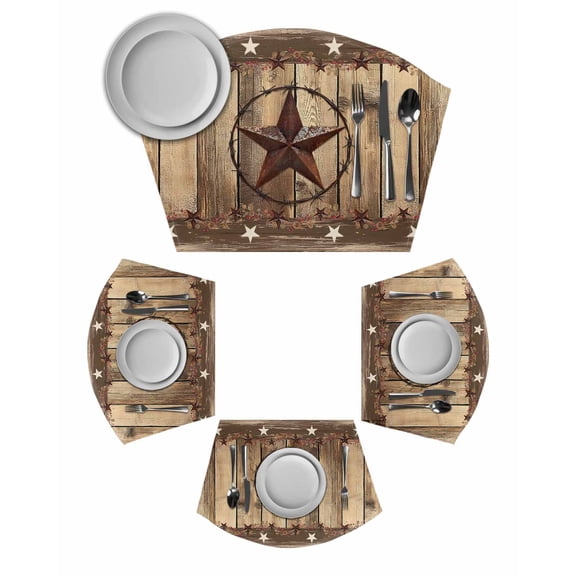 Rustic Country Wedge Shaped Placemats Set of 6, Cotton Linen Fan Place Mats, Western Stars Brown Texture Wooden Print Washable Table Mats for Holiday Wedding Party Dinning Coffee Tables 11.8"x17.5"