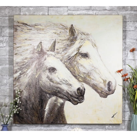 Rustic Country Western 2 Running Horses Canvas Picture Wooden Frame 24"X24"