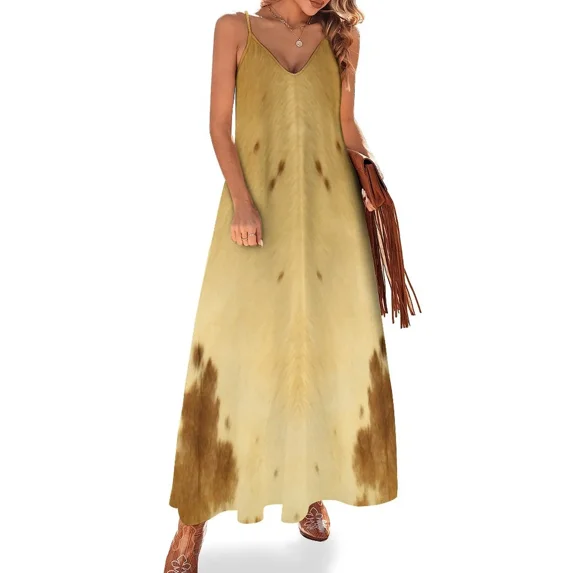 Rustic Country Western Cream Brown Texas Longhorn Cowhide Animal Print Sleeveless Dress dress dresses dresses for woman