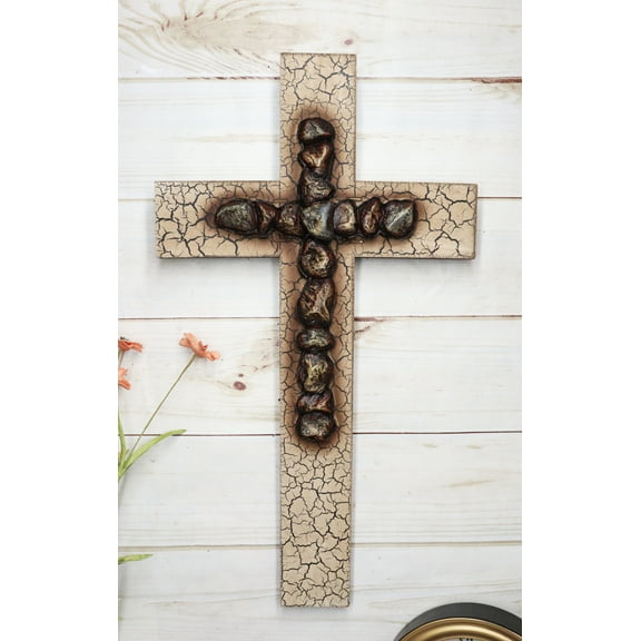 Rustic Country Western Faux Crackled Wood with Pebble Rock Stones Wall Cross