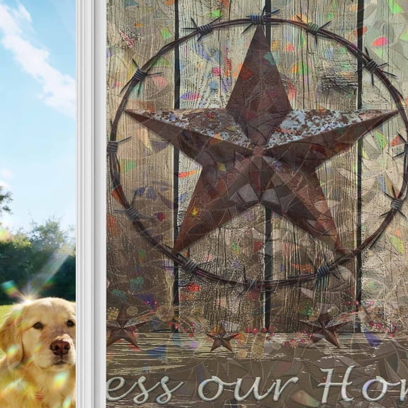 Rustic Country Window Privacy Film Stain Glass,Reusable Decorative Rainbow Window Film,Western Stars Brown Texture Wooden Print Static Cling Sun Blocking Stickers Decals Covers 35.4" x 78.7" (3pcs)